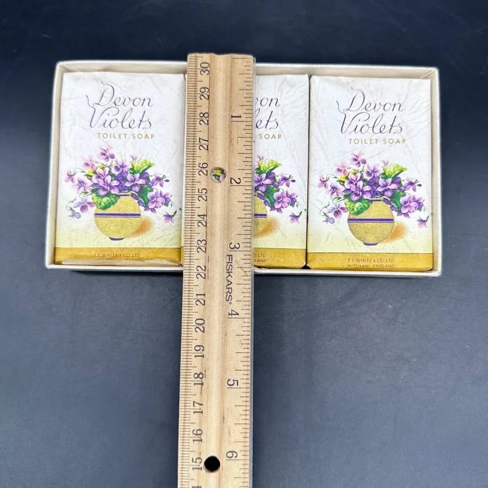 Vintage Devon Violets Toilet Soap Set 3 Bars White and Co England 1970s Bathroom